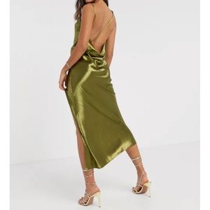 NWT ASOS DESIGN cowl back strappy drap midaxi - satin - olive